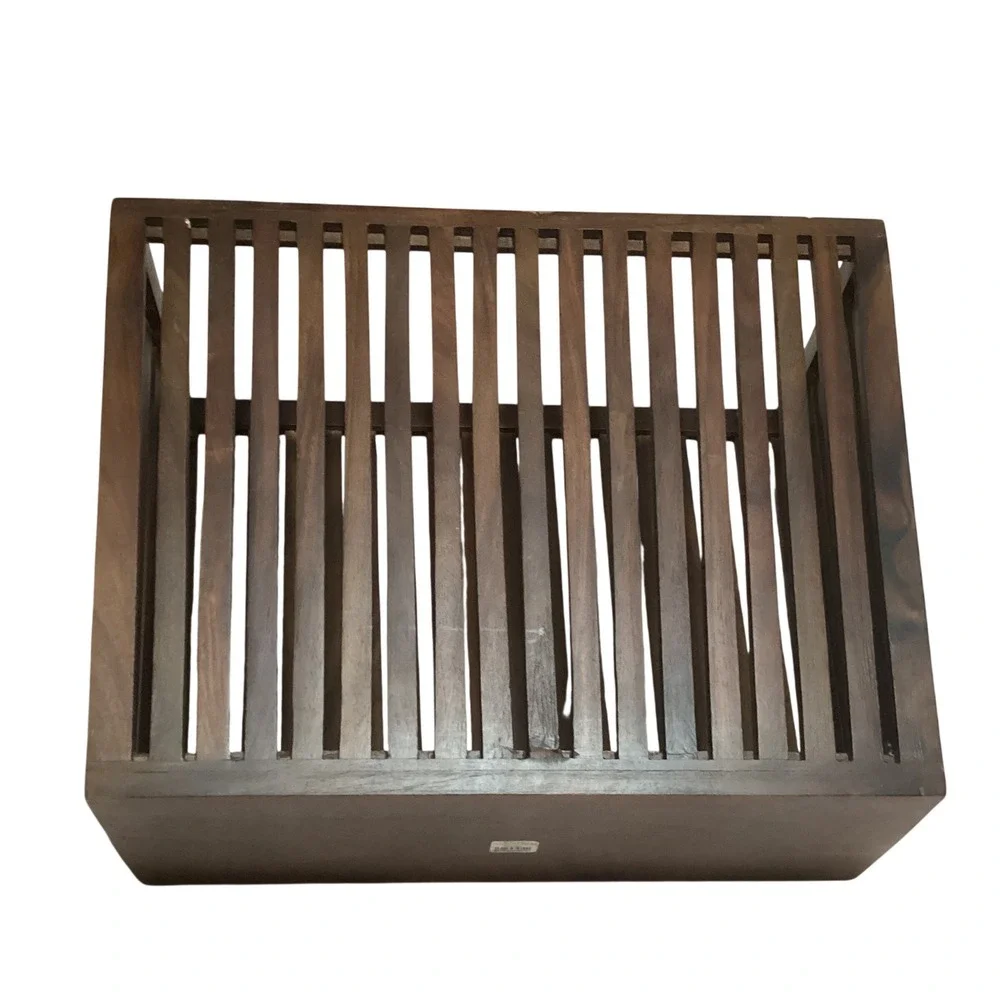 Mid Century Modern Slatted Wood Magazine Holder Floor Rack Dark Brown Heavy